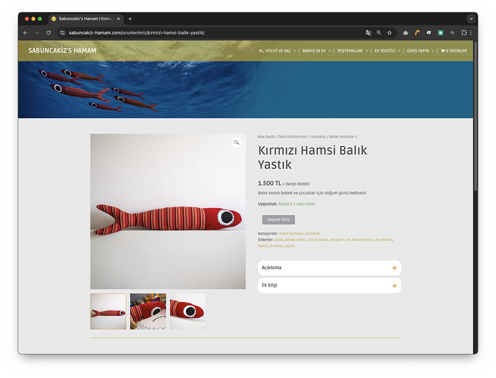 Product page featuring a pillow shaped like a fish.