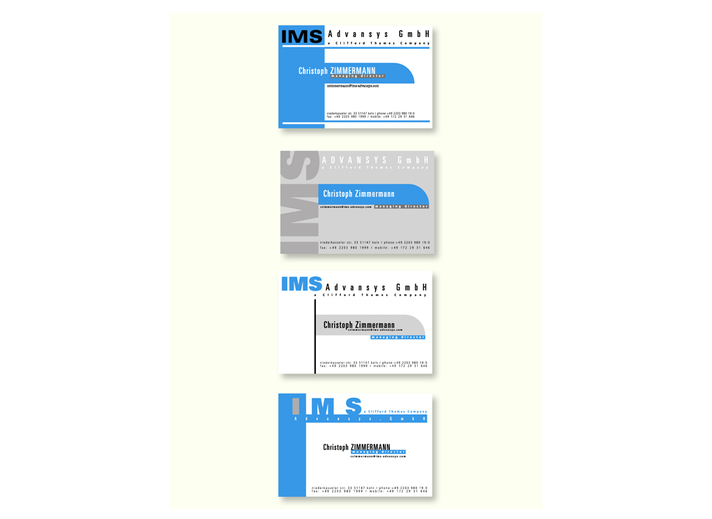 Design options for Advansys GMBH business cards. 2002